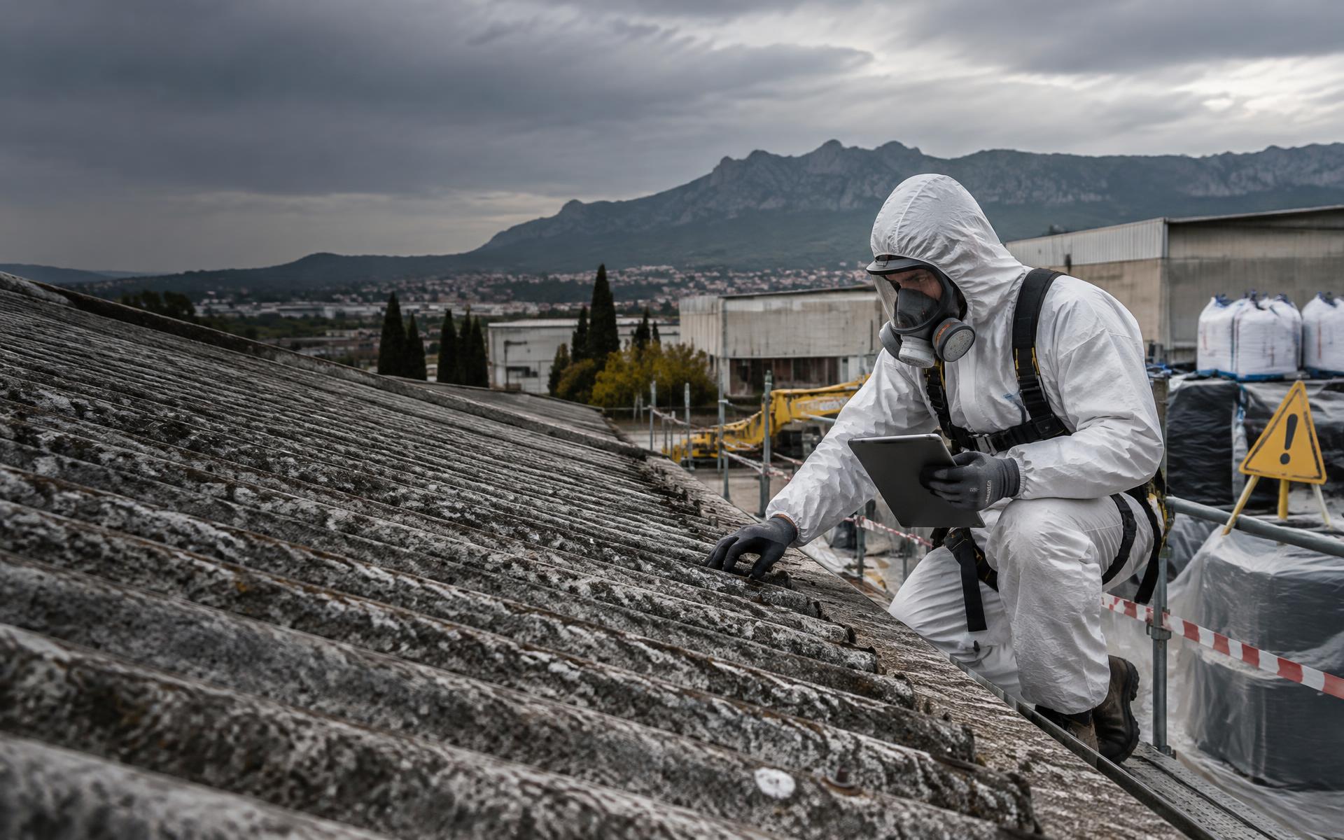Profesional inspeccionando una cubierta de fibrocemento
